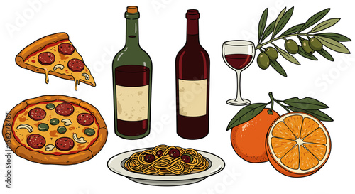 Italian cuisine vector illustration with wine and pizza for culinary art design