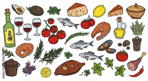 Mediterranean cuisine ingredients vector illustration for recipe design in hand drawn style