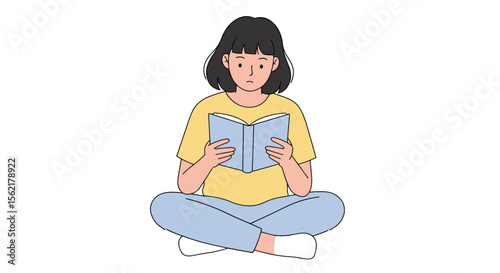 Young woman reading book vector illustration in casual style for educational or literary themes