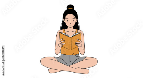 Girl reading book while sitting cross-legged vector illustration for educational content and design