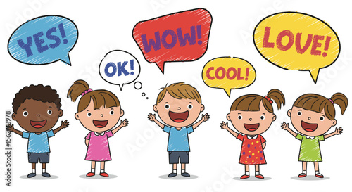 Cheerful kids expressing excitement with speech bubbles in cartoon style vector illustration for posters and cards