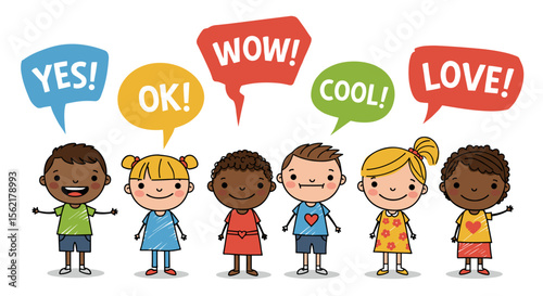 Diverse kids expressing joyful emotions with speech bubbles vector illustration for educational and fun designs