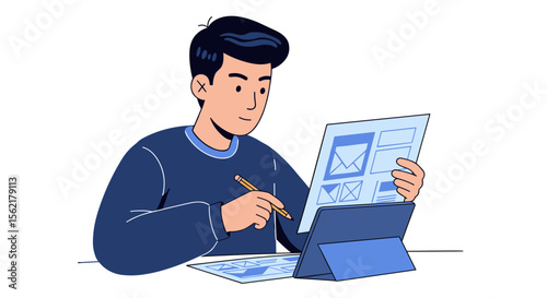 Young man engaged in creative design process with tablet and pencil vector illustration