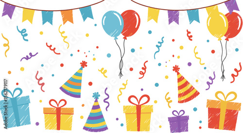 Colorful party celebration vector illustration with balloons, gifts, and confetti for festive design