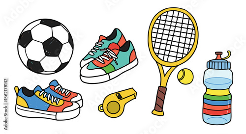 Sports equipment vector illustration - colorful sneakers, soccer ball, tennis racket for design and print