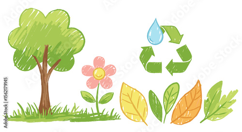 Eco-friendly nature concept with recycle symbol in hand-drawn style vector illustration for environmental design