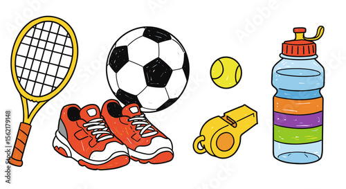 Sports equipment vector illustration: tennis, soccer, and fitness gear in hand-drawn style for poster design