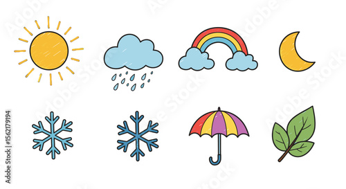 Seasonal weather icons vector illustration: sun, rain, rainbow, moon, snowflakes, umbrella, leaf for design