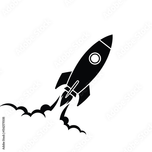 A dynamic vector silhouette of a space rocket launching into the cosmos