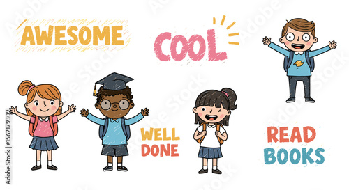 Cheerful children celebrating success and reading encouragement in vector illustration