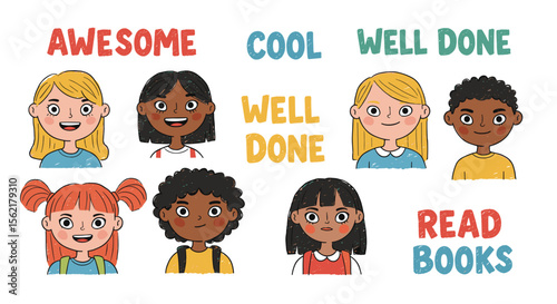 Diverse children with positive messages celebrating reading in flat vector illustration