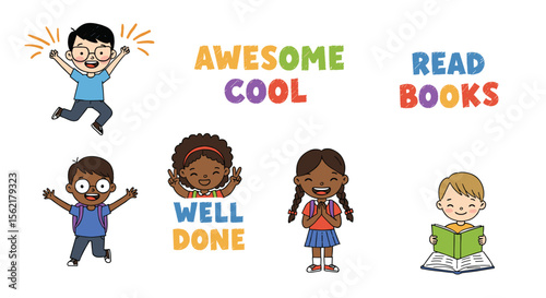 Fun back to school vector illustration for kids with positive messages in cartoon style