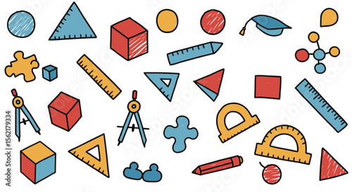 Educational tools vector illustration: geometric shapes and study supplies for school design