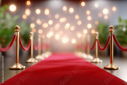 Red carpet event with golden barriers and bokeh lights, celebrity glamour background, event concept 
