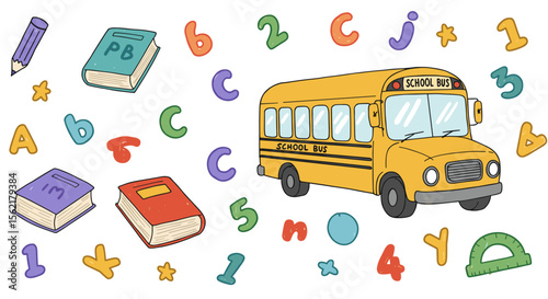 Back to school vector illustration with school bus, books, and colorful letters for kids' design