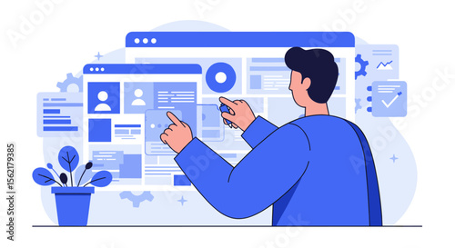 User experience design with interactive interface elements in flat vector illustration