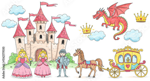 Whimsical fairy tale vector illustration featuring castle, prince, princess, dragon, and carriage in hand-drawn style for children's design
