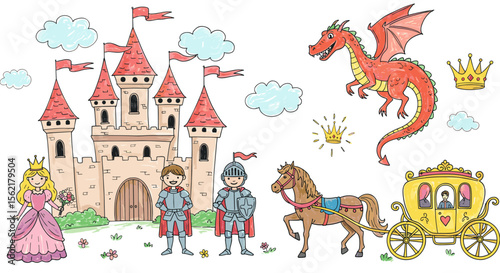 Enchanted medieval kingdom vector illustration with princess, knight, and dragon for storybook design