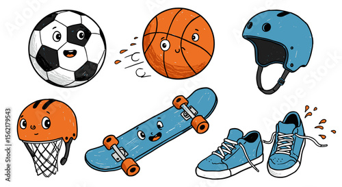 Playful sports equipment vector illustration - fun characters for design