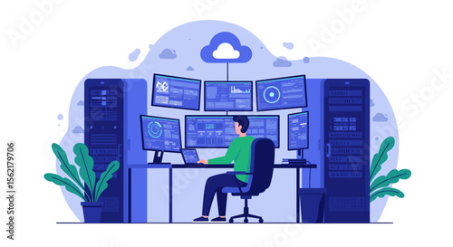 Network operations center control room vector illustration for technology and security design