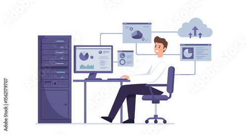 It professional analyzing data in server room vector illustration for tech poster design