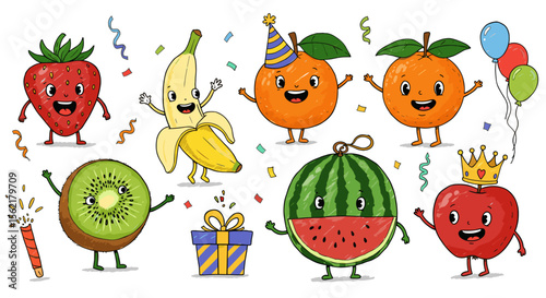 Festive fruits with smiles and party fun vector illustration - perfect for celebration designs and kids decor