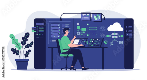 Technology operations management vector illustration for it systems design in flat style
