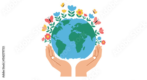 Earth day celebration vector illustration with hands holding globe and flowers