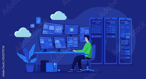 Network monitoring and management vector illustration in data center with flat design for it solutions