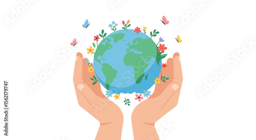 Earth day celebration vector illustration of hands holding the planet with flowers and butterflies