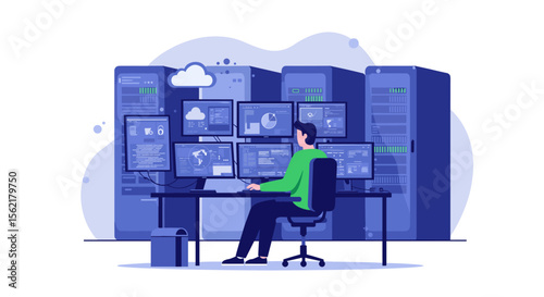 Network operations center with server racks and monitoring screens vector illustration