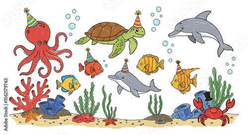 Underwater birthday party vector illustration with marine life in cartoon style for children's card or poster design