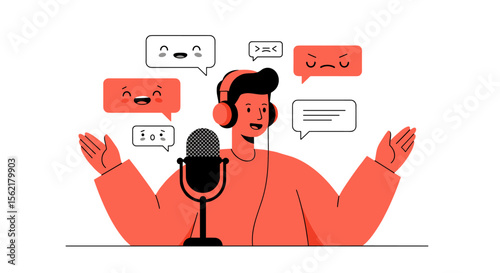Podcast host vector illustration with expressive emojis in flat design for digital media content