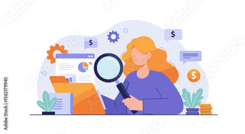 Business analysis vector illustration with woman examining data for financial insights and planning