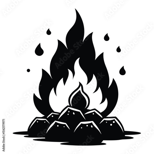 A black and white drawing of a fire with a pile of rocks vector on white background