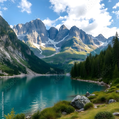 It offers beautiful natural scenery, including a tranquil lake surrounded by majestic mountains.
