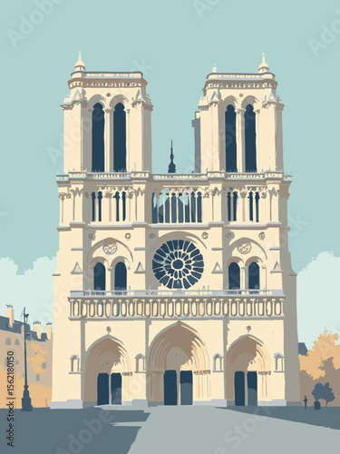 Notre‑Dame’s Gothic façade in Paris, with limestone gray walls, slate blue roof, cream buttresses, and charcoal shadows