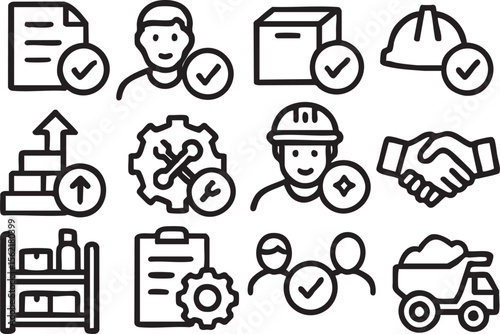 A set of twelve professional line icons depicting various aspects of successful project management, including teamwork, logistics, quality control, and delivery, 