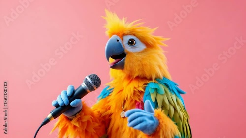 Parrot singer. Dressed in colorful feathers, holding microphone, against pink