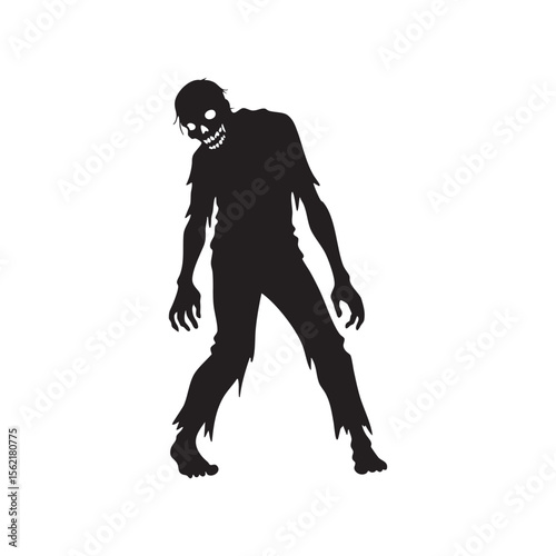 Creepy zombie silhouette with tattered clothes and glowing eyes isolated on white background silhouette