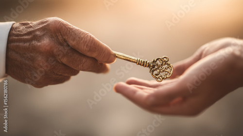 Passing on the Key to Success: An older person's hand giving an ornate key to a younger person, symbolizing legacy, inheritance, or mentorship.