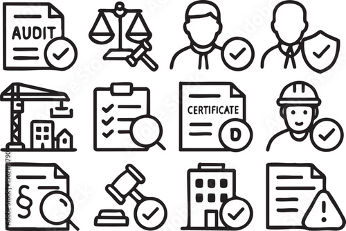 A set of twelve line icons representing a variety of business and legal concepts, including audit, scales of justice, verified profiles, construction, checklist, certificate, worker, legal document, 