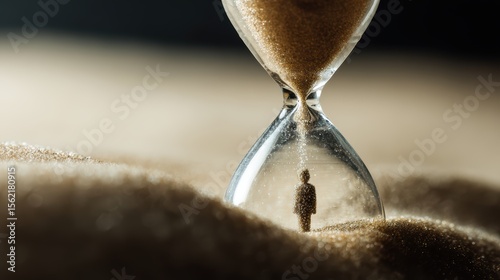 Conceptual image of man trapped inside hourglass symbolizing the passage of time and life's fleeting moments