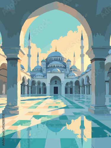The Blue Mosque courtyard at sunrise in Istanbul with turquoise tiles, marble white arches, silver gray domes, and midnight blue shadows