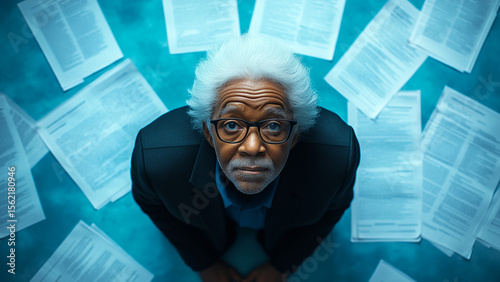 Senior Black man working on legacy planning alone, elderly man, white hair, blue floor, heirless, estate documents, end-of-life planning, top-down view
