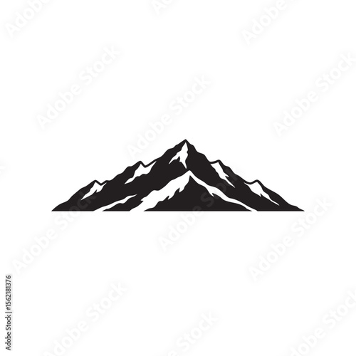 Jagged mountain range peak silhouette with snow accents isolated on white background silhouette