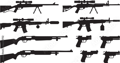 Detailed Silhouette Collection of Firearms Rifles and Handguns on Transparent Background - Diverse Arsenal of Weapons for Shooting Sports and Tactical Applications