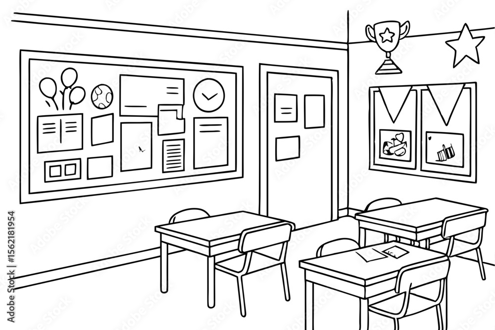 Line art coloring page of a classroom with a bulletin board displaying student artwork and achievements Line art coloring page of a classroom with a bulletin board displaying student artwork and achievements
