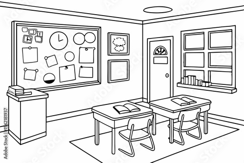 Line art coloring page of a classroom with a bulletin board displaying student artwork and achievements