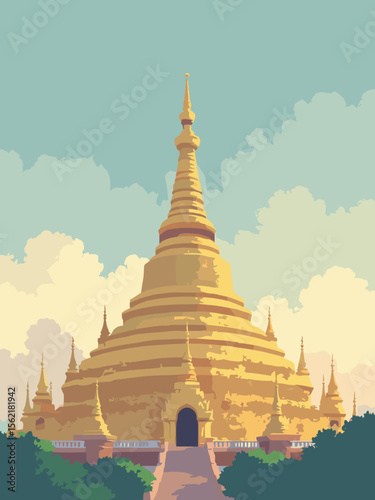Shwedagon Pagoda glistening in Yangon sunlight with pagoda gold stupa, teak brown base, emerald green flags, and dawn gray clouds